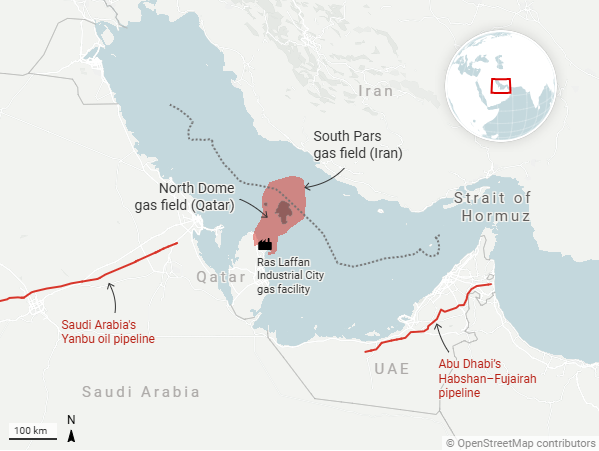 South Pars gas field map showing Israeli strikes on Asaluyeh complex and Iranian retaliation